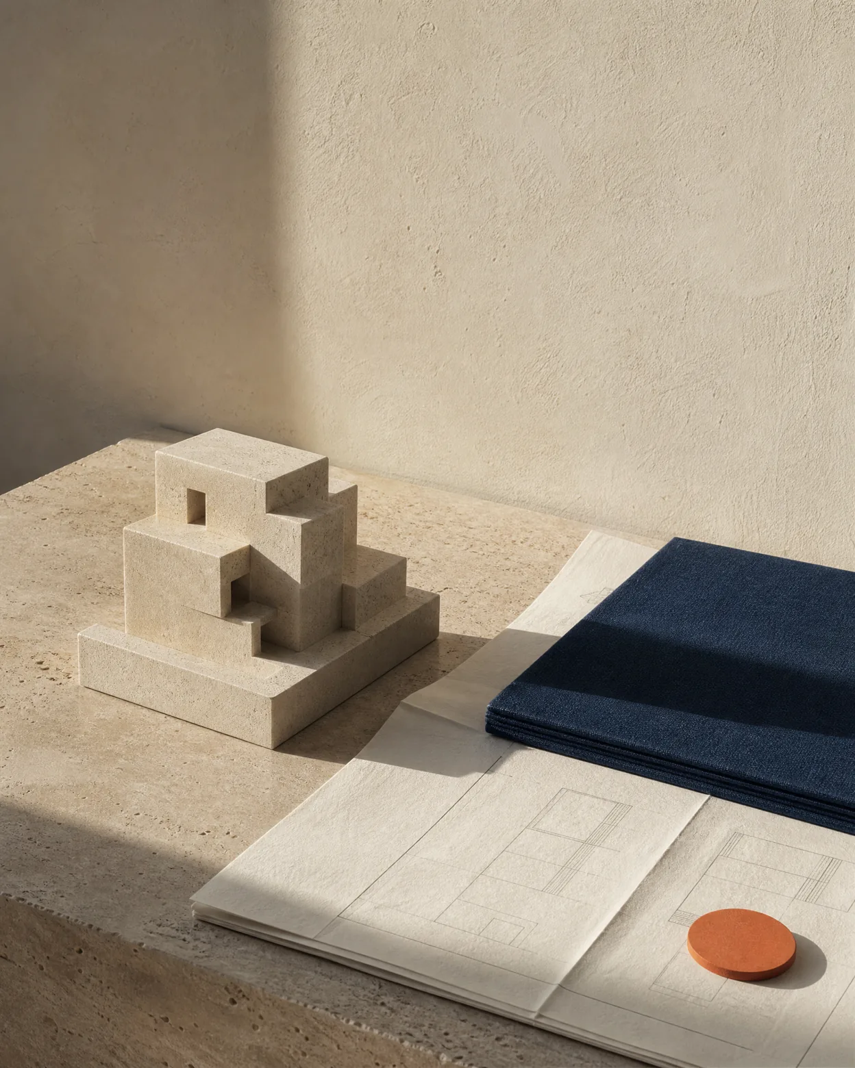 Maquette architecturale, dossier bleu nuit et plans sur une surface en pierre claire